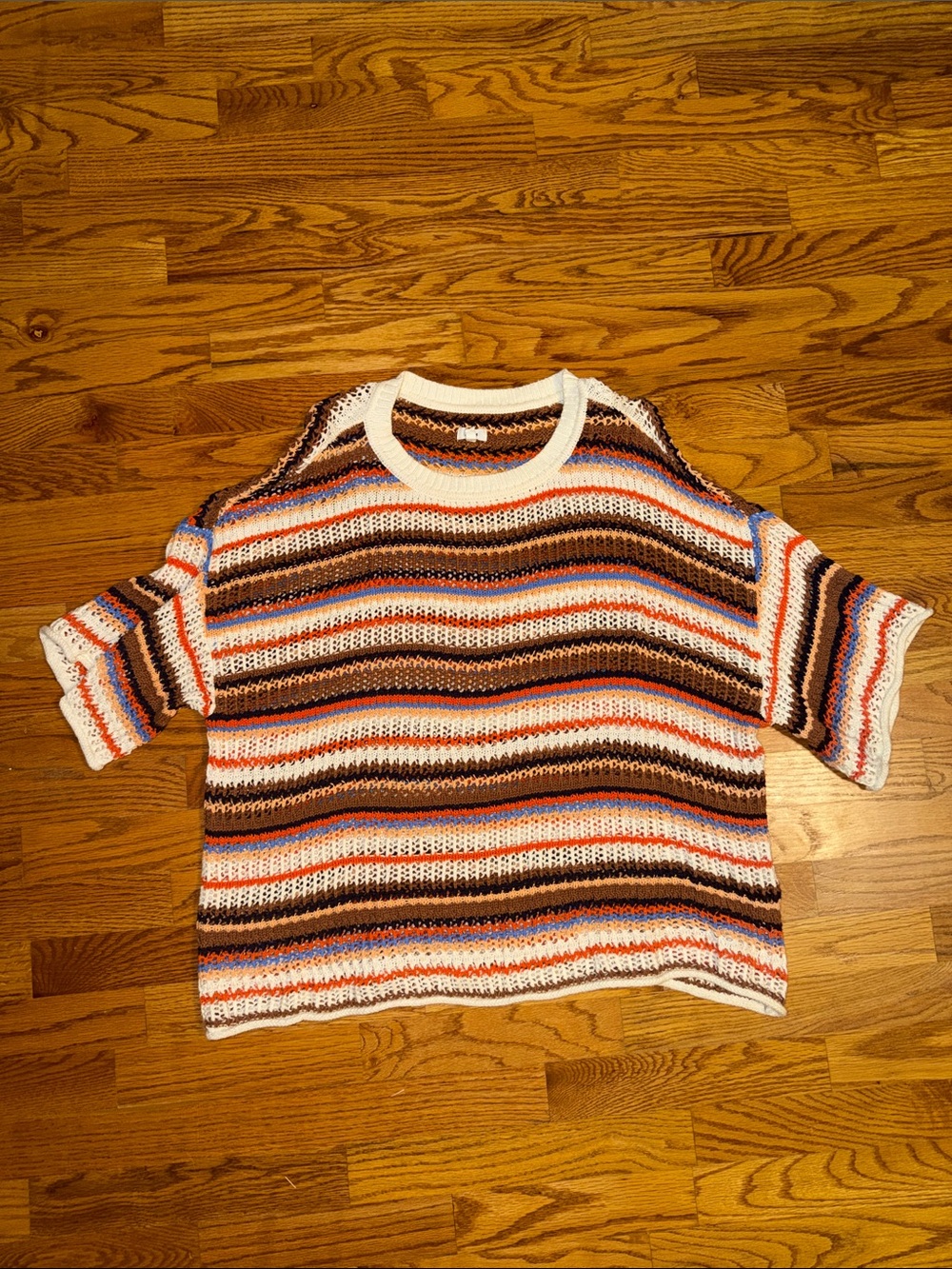 aerie Striped Crochet Crewneck Sweater - White, Brown, Blue, Orange